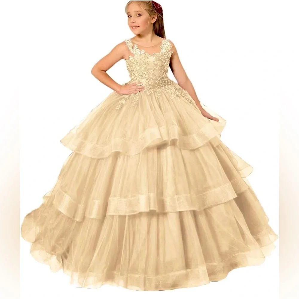 Girls' Special Occasion Tulle Tiered Dress with lace appliqué.